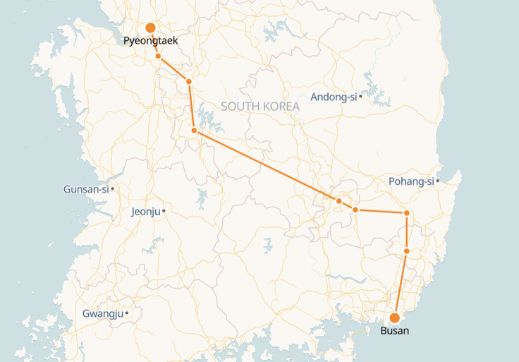 Pyeongtaek to Busan Route Map