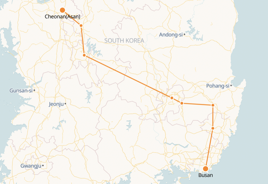 Cheonan to Busan Route Map