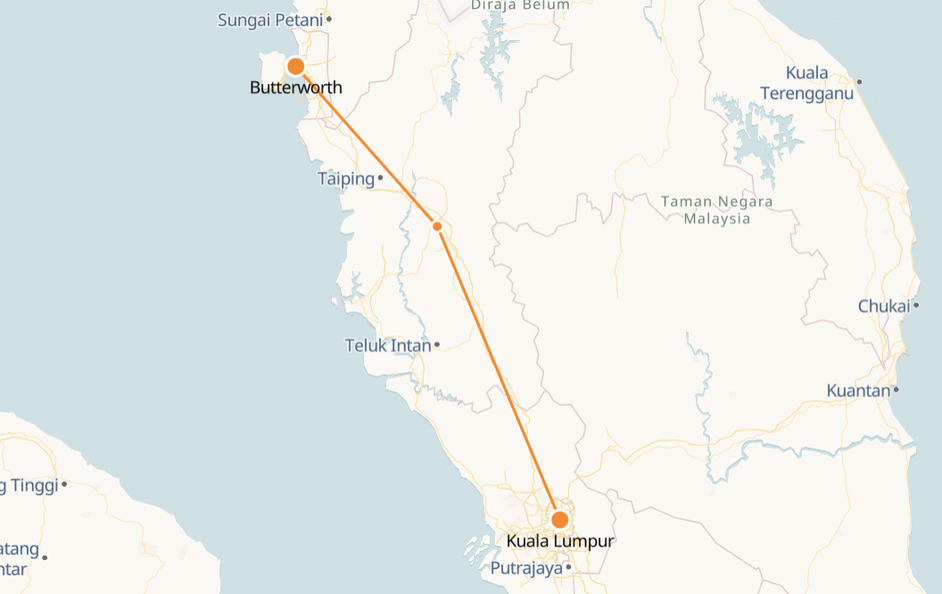 Butterworth to Kuala Lumpur Route Map