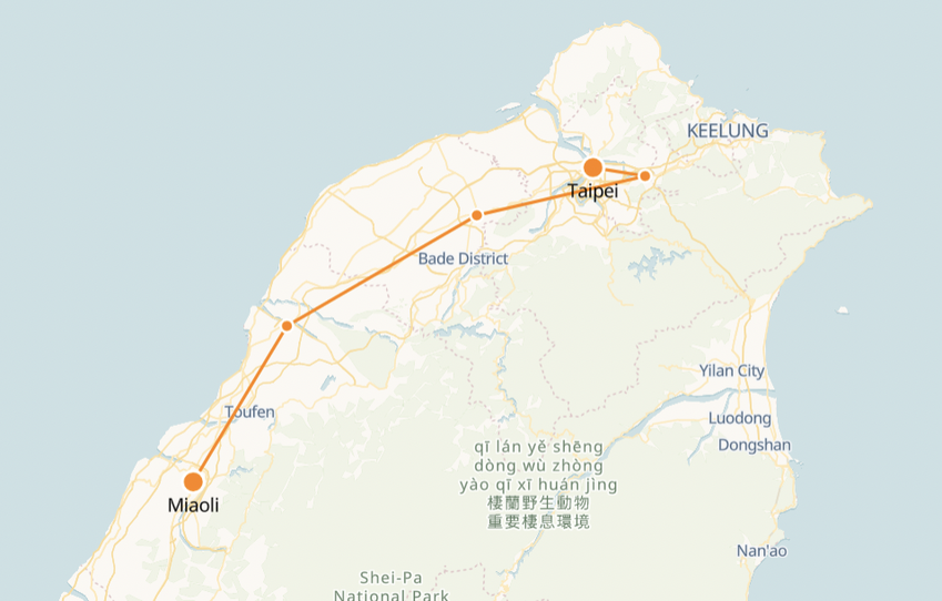 Miaoli to Taipei Route Map