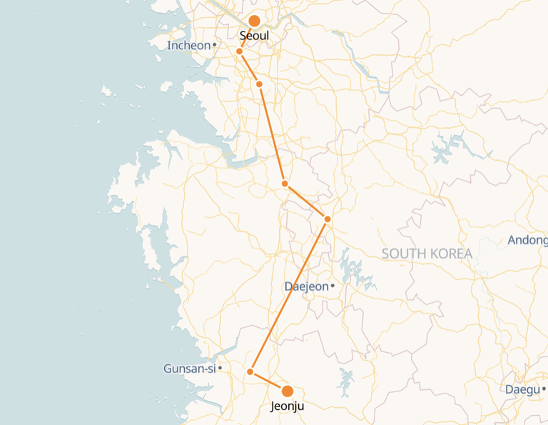 Jeounju to Seoul Route Map