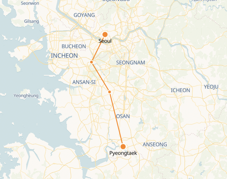 Pyeongtaek to Seoul Route Map