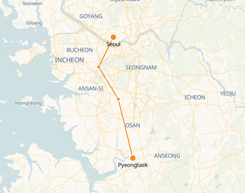 Seoul to Pyeongtaek Route Map